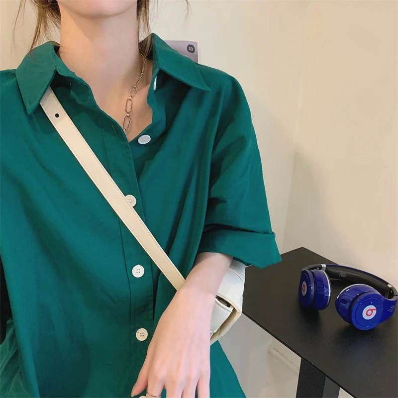 

Женские рубашки в Корейском стиле, модное платье-рубашка средней длины, свободная юбка с короткими рукавами, платье для девочек, однотонный ...