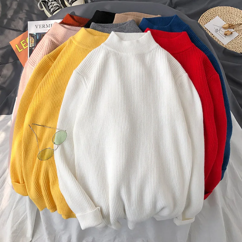 

Autumn Winter Warm Knitwear Men Sweaters Harajuku Fashion Khkai White Yellow Red Casual Streetwear Pullover
