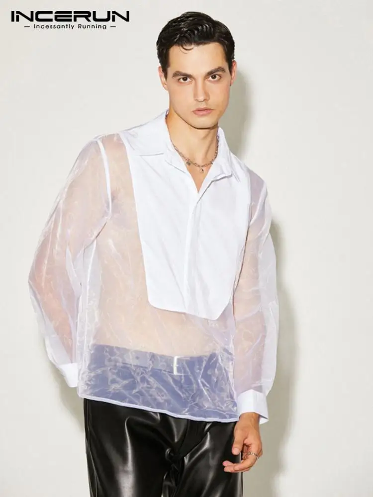 

INCERUN Men Shirt Mesh Patchwork Lapel Long Sleeve Streetwear 2022 See Through Sexy Camisa Fashion Party Nightclub Shirts S-5XL
