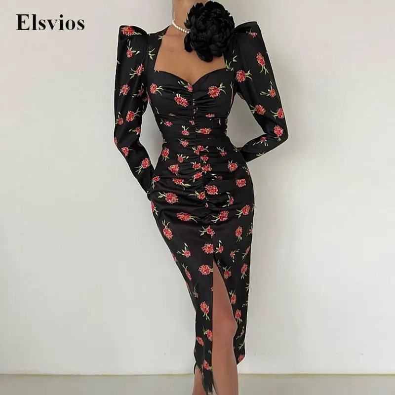 

Женское винтажное платье с принтом, Элегантное Длинное облегающее платье с пышными плечами и V-образным вырезом, вечернее платье с разрезом