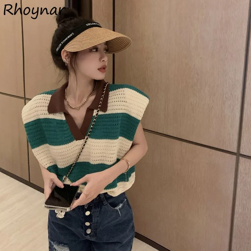 

Sweater Vests Women Summer Design Hollow Out Fashion Simple Striped All-match Turn-down Collar Leisure Loose Girlish Cozy Sweet