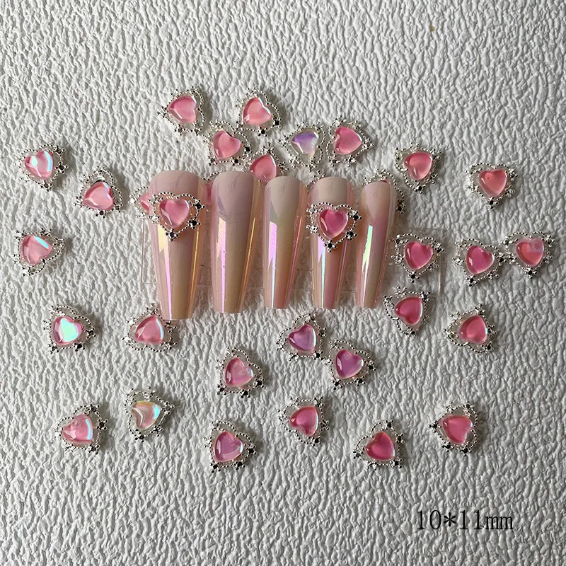 

10Pcs Fairy Elf Love-Heart Rhinestone Decoration 3D Hollow Metal Diamond Nail Charms Peach Heart Japanese Manicure Jewelry &*&