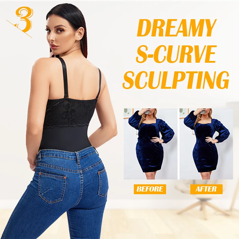 Women Lace Thong Bodysuit V-Neck Full Body Shaper Tummy Control Slimming Shapewear Smooth Corset Padded Lingerie Butt Lifter