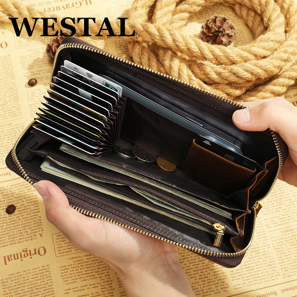 

Бумажник WESTAL мужской из кожи Крейзи Хорс, кредитница, держатель для банковских карт, деловой Повседневный Длинный кошелек, брендовый держат...