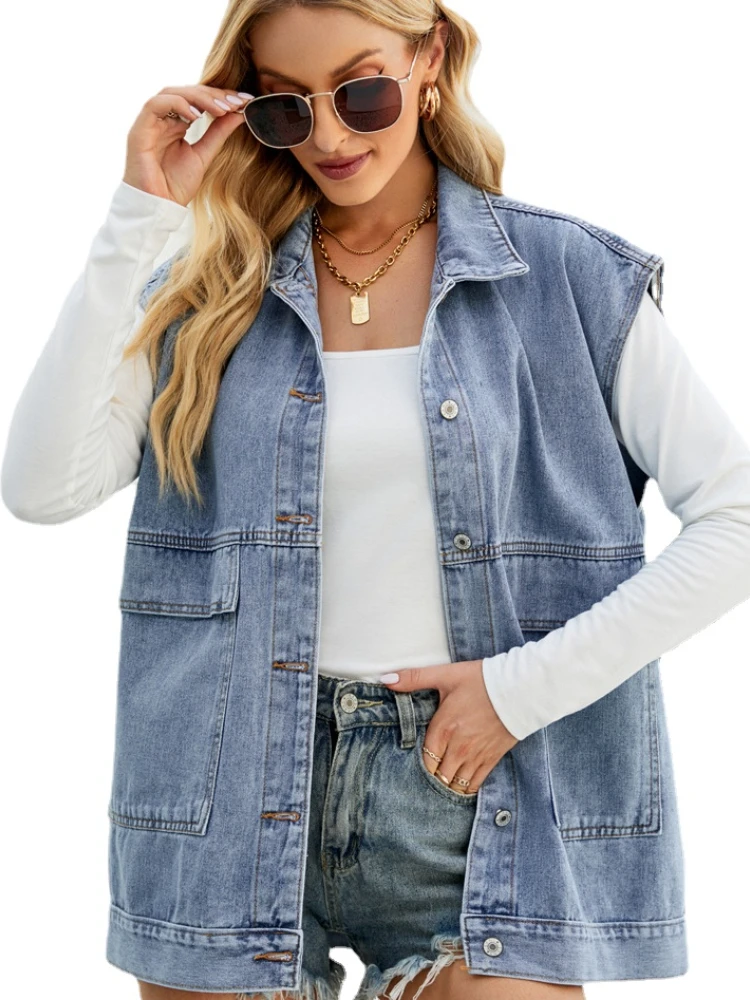 

Women Sleeveless Solid Button Denim Waistcoat Denim Vest