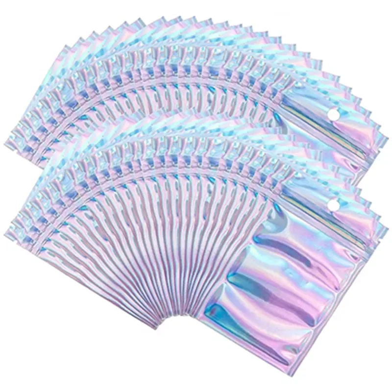 

50pcs 4 Sizes Laser packaging bag Flat Bath Salt Cosmetic Bag One Side Clear Holographic Mini Aluminum Foil Zip Lock Bags Thick