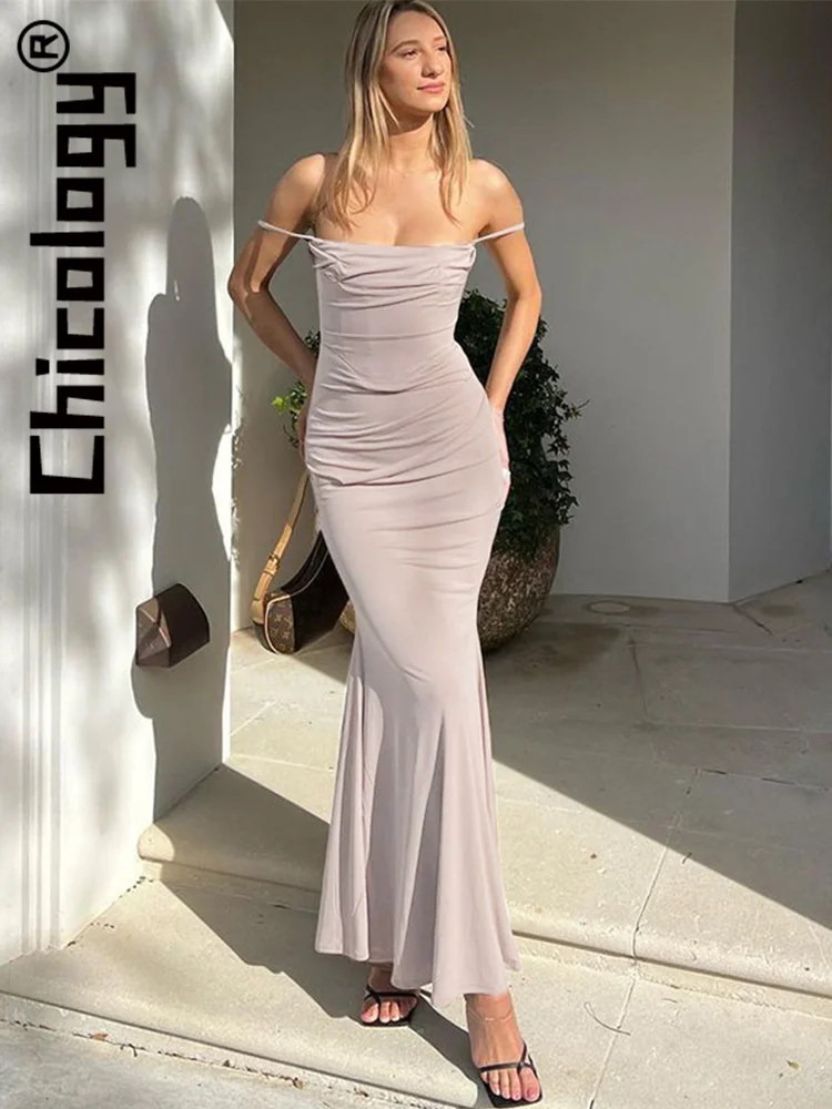 

Chicology 2022 женское однотонное облегающее платье с рюшами, элегантное платье макси, повседневное мягкое уличное летнее платье для отдыха, наря...