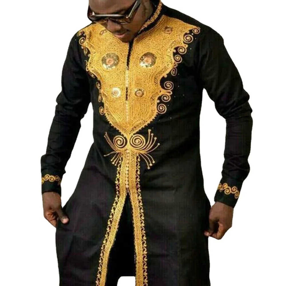 Casual Gold Print Down Split Mid Length Afro Oversized Shirt