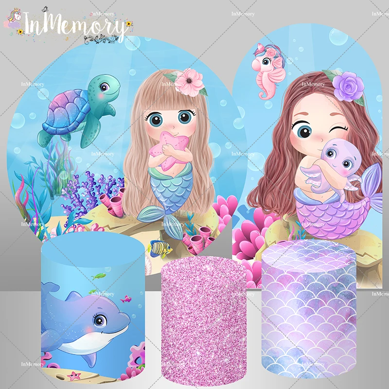 

Glitter Scales Cylinder Cover Undersea Little Mermaid Girl Birthday Round Backdrop Circle Cover Arched Wall Party Decoration