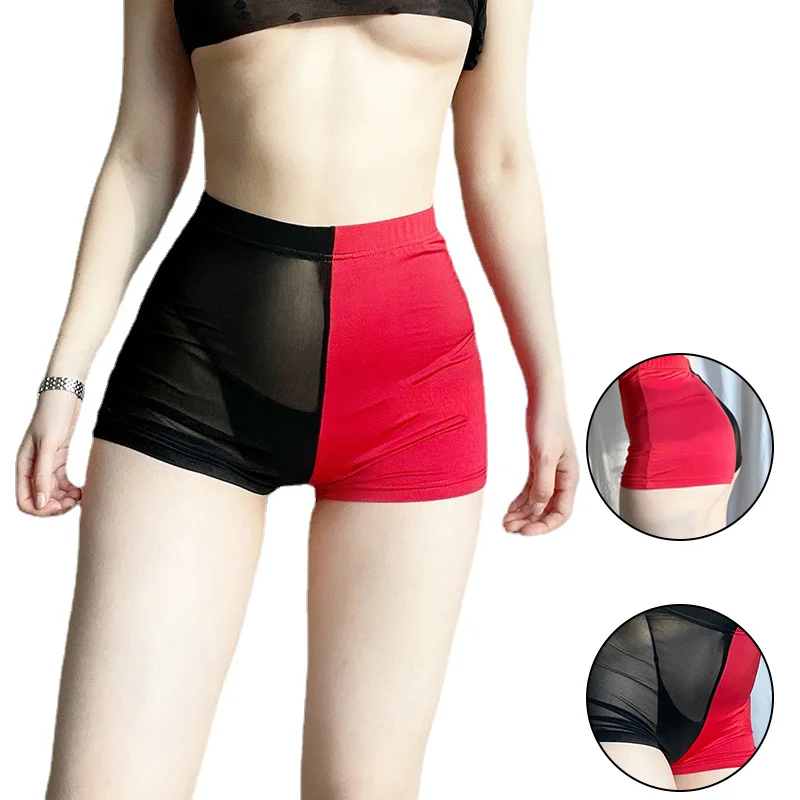 

Woman Exotic Transparent Underwear Mesh Slutty Short Pants Red Black Patchwork See Through Sexy Lingerie Lace Panties Chastity