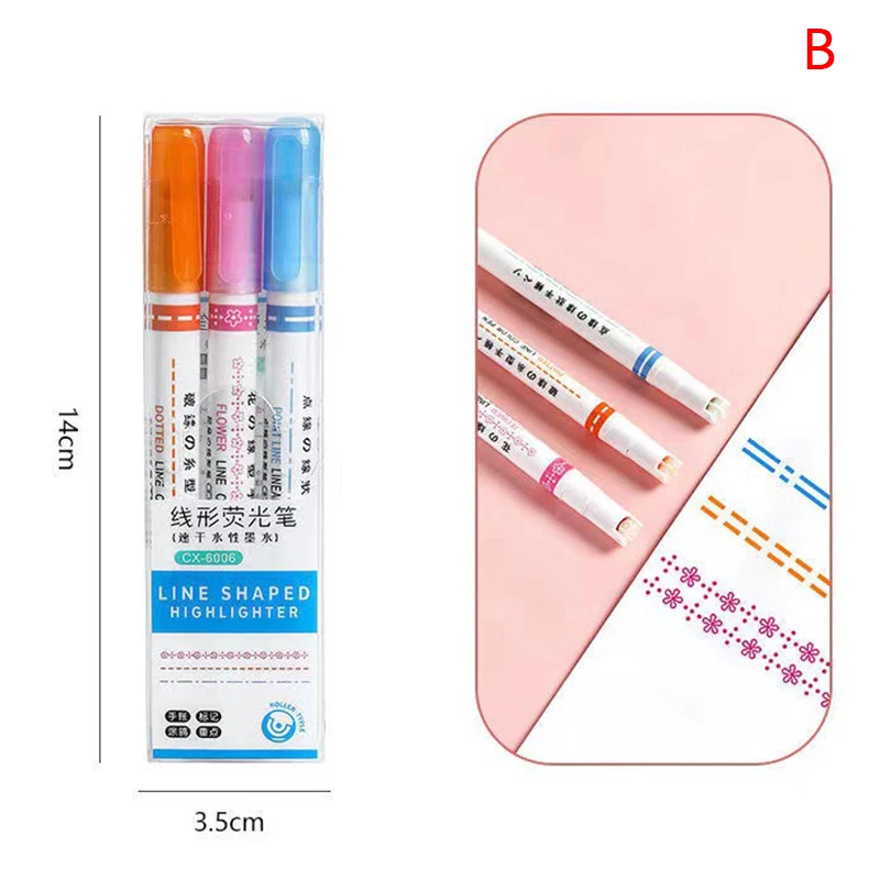 

3PCS/set Line Shaped Highlighter Pens Multi Colorful Roller Tip Curve Liner Marker Highlighter Novelty Planner Stationery School