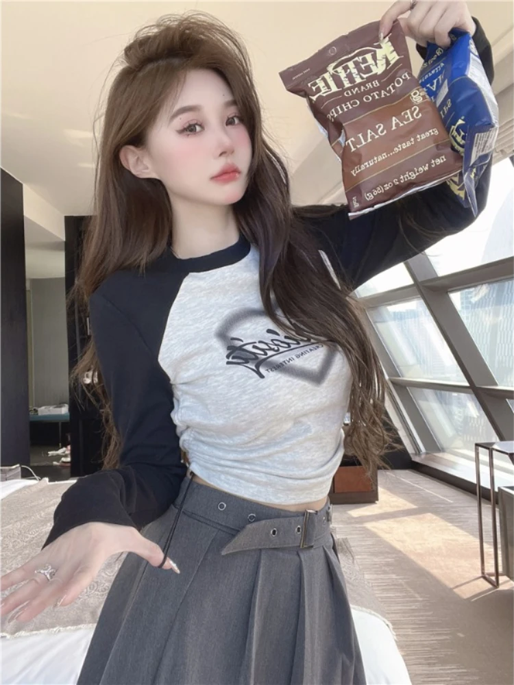 

Spring 2023 Letter Printing Slim Fit T-shirt Women Drawcord Long Sleeve Casual Y2K Tees Graphic Aesthetic Fashion Harajuku Tops