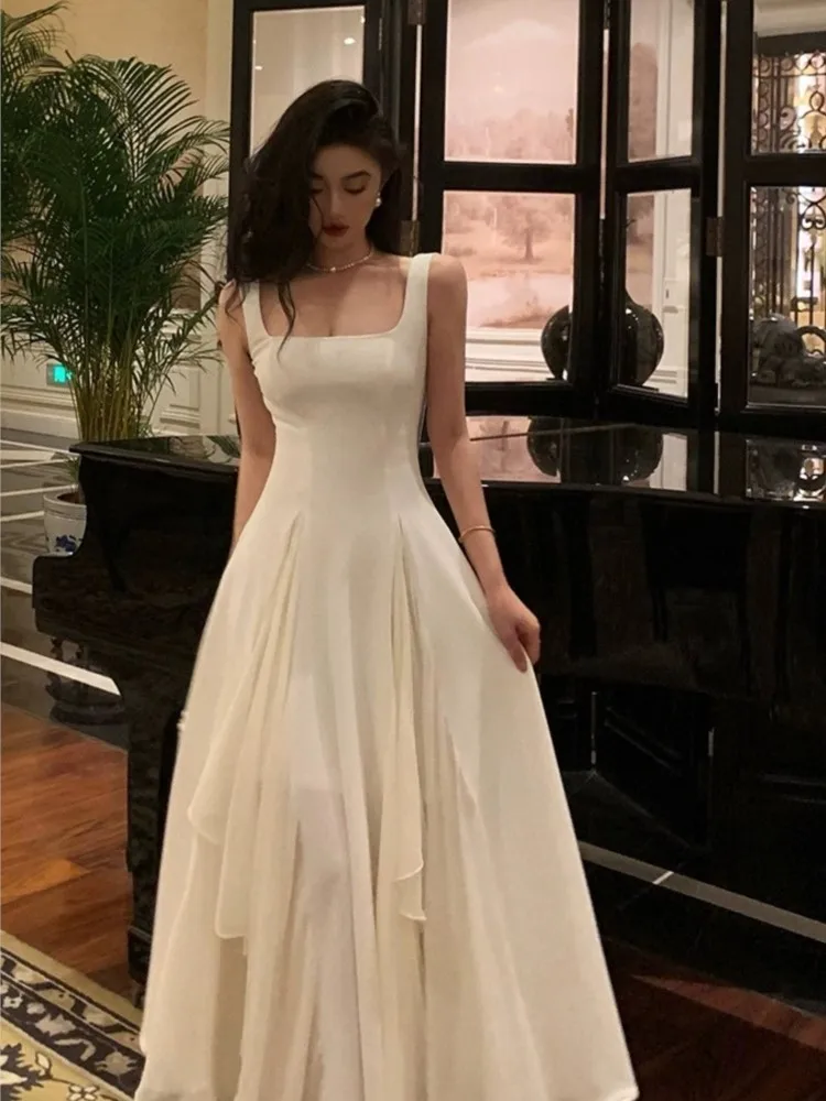 Летнее элегантное однотонное длинное платье-бретелька женское винтажное платье