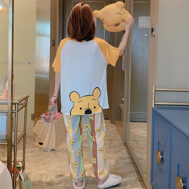 Women's Pajamas Set Summer Thin Short Sleeve Pants Two Piece Set Sleepwear Soft Loungewear Ladies Casual Winnie the Pooh Pajamas