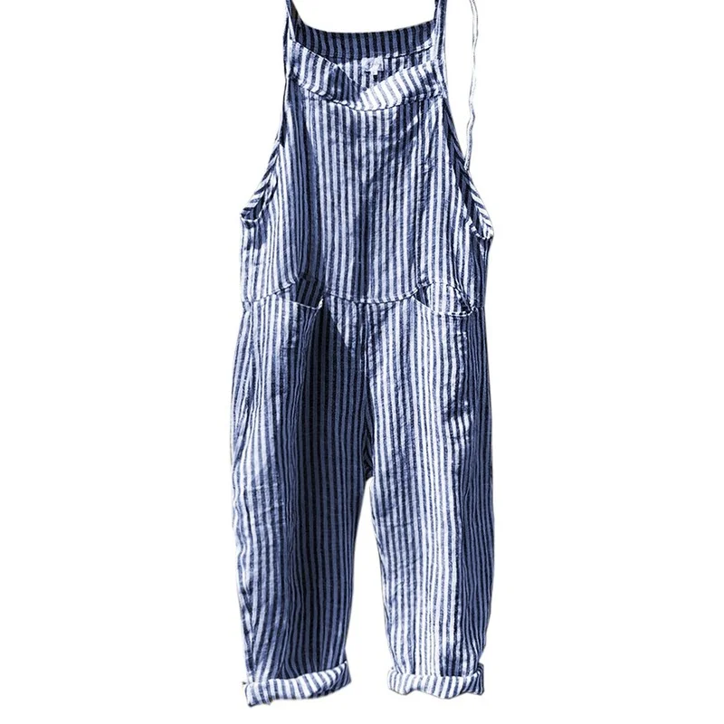 

2021 Sling Striped Jumpsuits Wide-leg Trousers Women Summer Loose Casual Hip Hop Linen Sleeveless Woven Female Plus Size Rompers