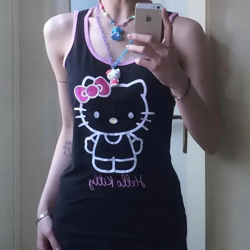 

Kawaii Cartoon Sanrio Cute Hello Kitty Printed Dress Color Matching Slim Slip Dress Hip Wrap Skirt Summer Girl Hot Girl