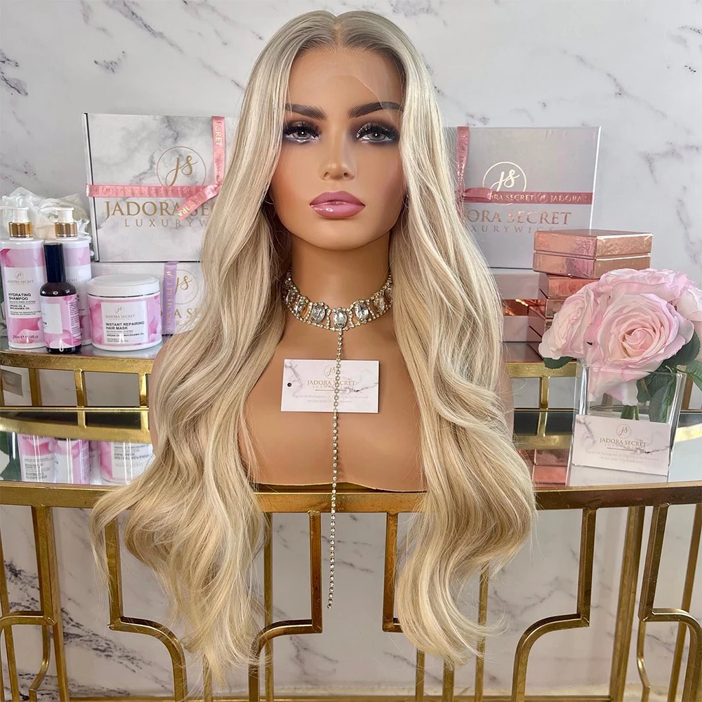 Creamy Light Blonde Highlights Ash Roots Full Lace Wigs Remy Human Hair HD Invisible Transparent Lace Glueless Lace front Wig