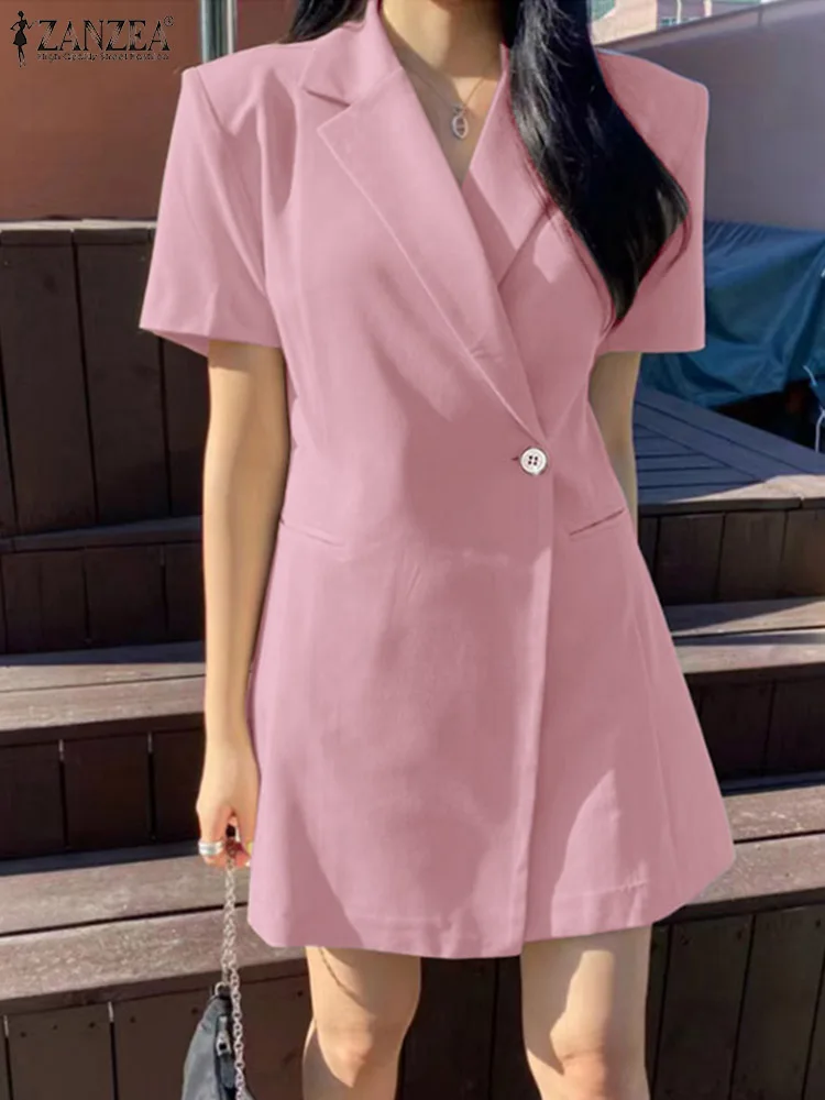 

ZANZEA Short Sleeve Casual Mini Dresses Office Lady Women Party Fashion Blazer Vestidos Pocket Lapel Collar Elegant Shirt Dress