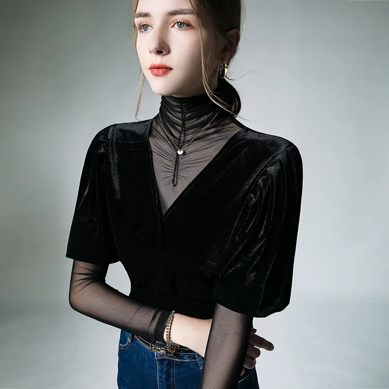 

HIgh Quality 2023 Women Tops Splice Gauze T-shirt Female Clothing Winter Autumn Sexy Crop Top Clothes Fashion Casual Blouse Y2k