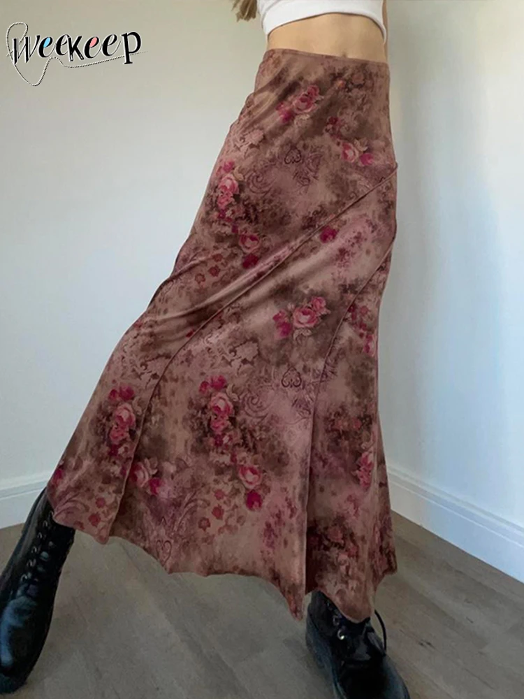 

Женская винтажная длинная юбка Weekeep, винтажная юбка с цветочным принтом Y2k, свободная юбка макси с низкой посадкой, летняя уличная одежда