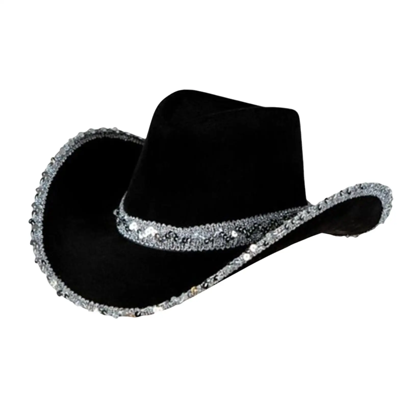 

Cowgirl Hats Jazz Top Hat Versatile Fedora Hat Sequin Edge Cloth Caps Women Cowboy Hat for Adults Halloween Gift Role Play Party