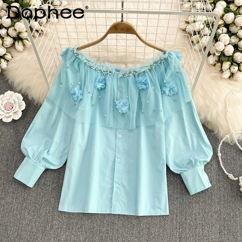 

Women Diamond-studded Mesh Shirt New Style Slash Neck Long Sleeve Fashion Temperament Spring Summer 2022