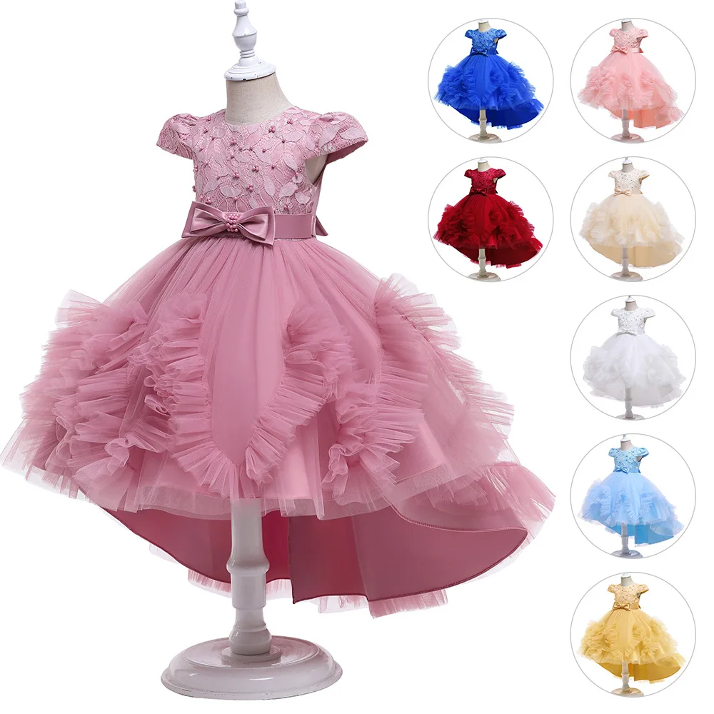 

Little Flower Girl Dress Puff Sleeve Mesh tutu Costume Lace Embroidered Temperament Trailing Princess Skirt Birthday Wedding