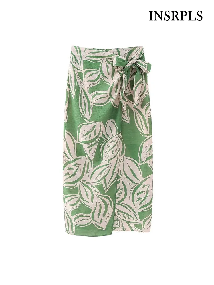 

INSRPLS Women Fashion With Knot Front Slit Print Midi Skirt Vintage High Waist Side Zipper Female Skirts Mujer