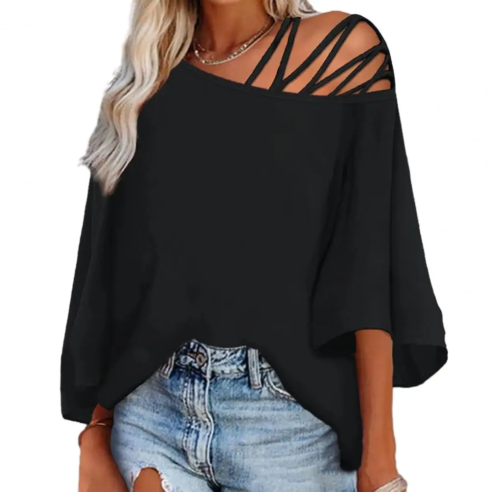 

Hollow Out Women Top Stylish Women's One Shoulder T-shirt Hollow Out Design Breathable Fabric Mid Length Sleeve for Casual