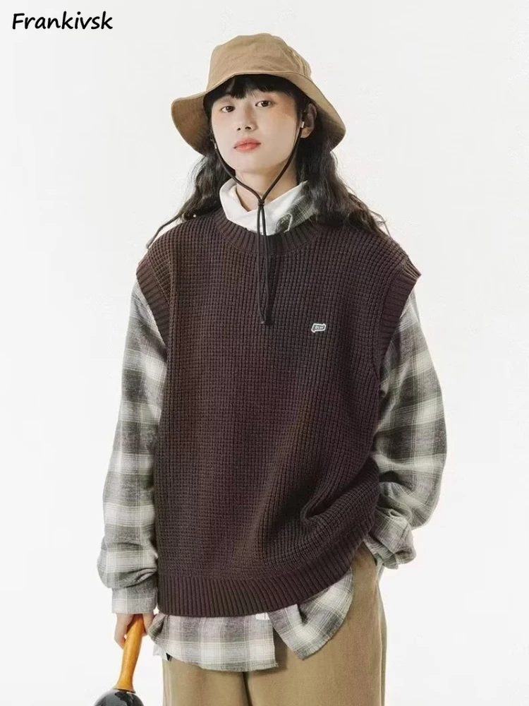 

Couple Sweater Vest Women Autumn All-match Japanese Style Vintage Aesthetic Sleeveless High Street Unisex Popular Knitwear Daily