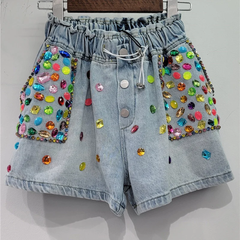

Женские джинсовые шорты с кристаллами, винтажные шорты контрастных цветов с эластичным поясом на шнуровке, Короткие джинсы, Новинка лета 2023, H178