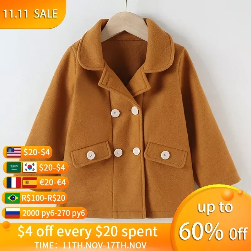 

Autumn Winter Girls Jackets Kids Fashion Double Breasted Long Sleeved Woolen Coats Warm Children Clothes for 2-7Y