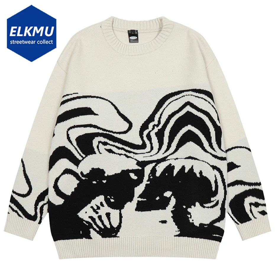 

2023 Men Streetwear Sweater Retro Painting Skull Graphic Hip Hop Knitted Sweater Vintage Pullover Casual Wool Sweater Hipster