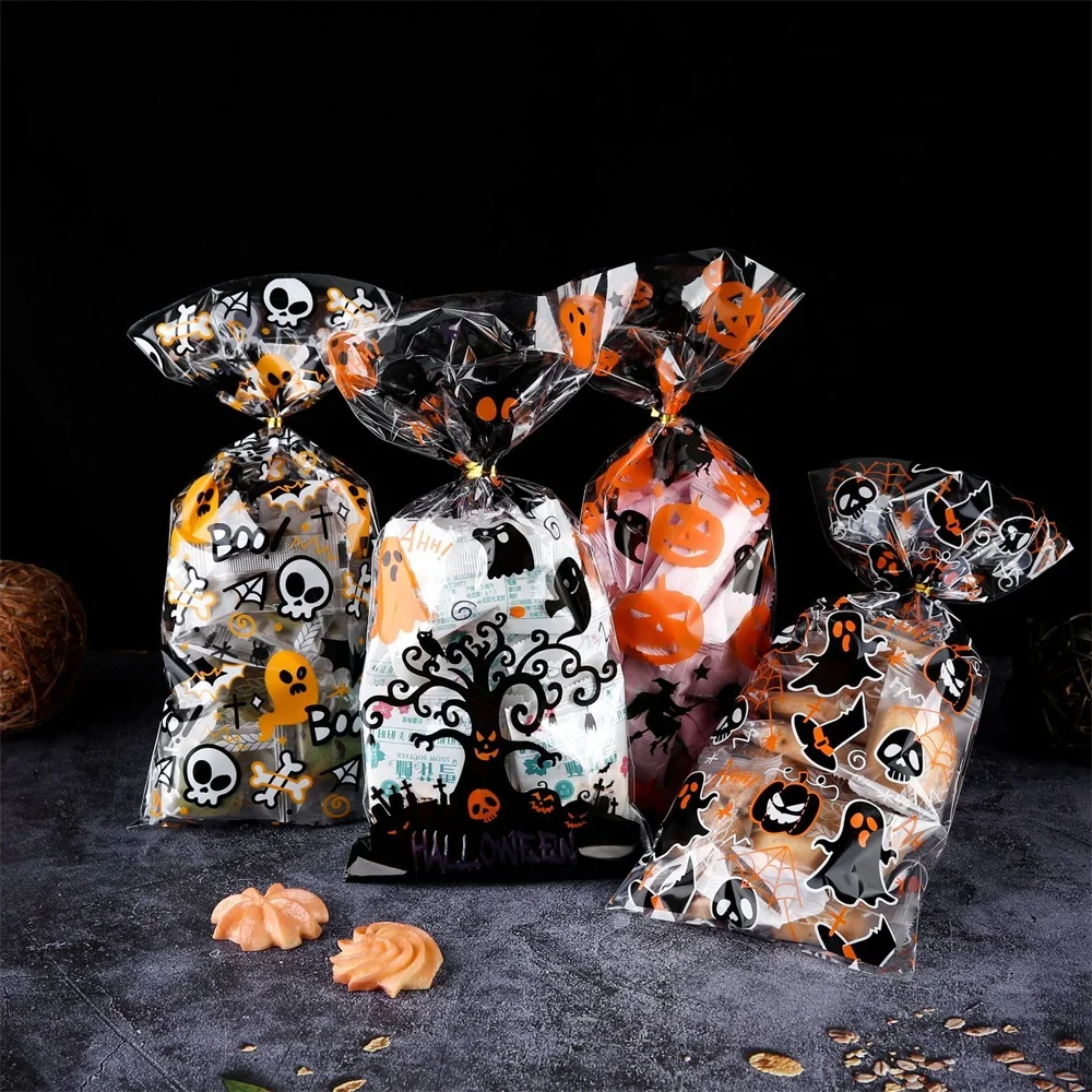 

50Pcs Cute Transparent Halloween Trick Or Treat Candy Bags With Twists DIY Cookies Snacks Packaging Bag Halloween Party Supplies