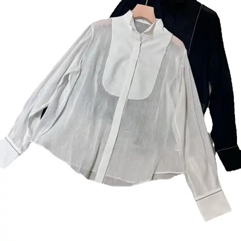 Женская элегантная шелковая льняная рубашка с воротником-стойкой и длинными рукавами