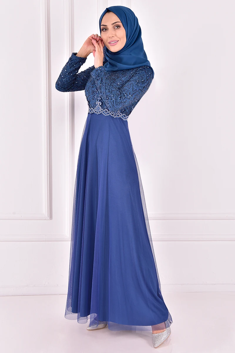 Тюлевое вечернее платье, синие платья для женщин, мусульманское вечернее платье с длинным рукавом, Турецкая одежда для женщин ASM2205