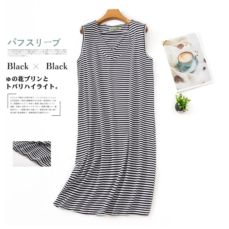 Summer Black Stripe Nightgown For Women Elastic Nightdress Women's Cotton V-Neck Sleeveless Nightwear Fashion Casual Dress