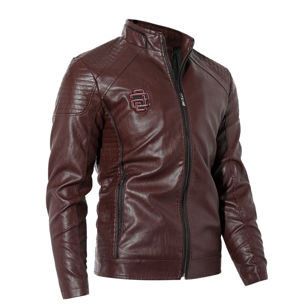 

Men's Casual Leather Jacket Plus Velvet Embroidery Badge Military Style Bomber Coat Man Tough Guy Motorcycle PU Jackets