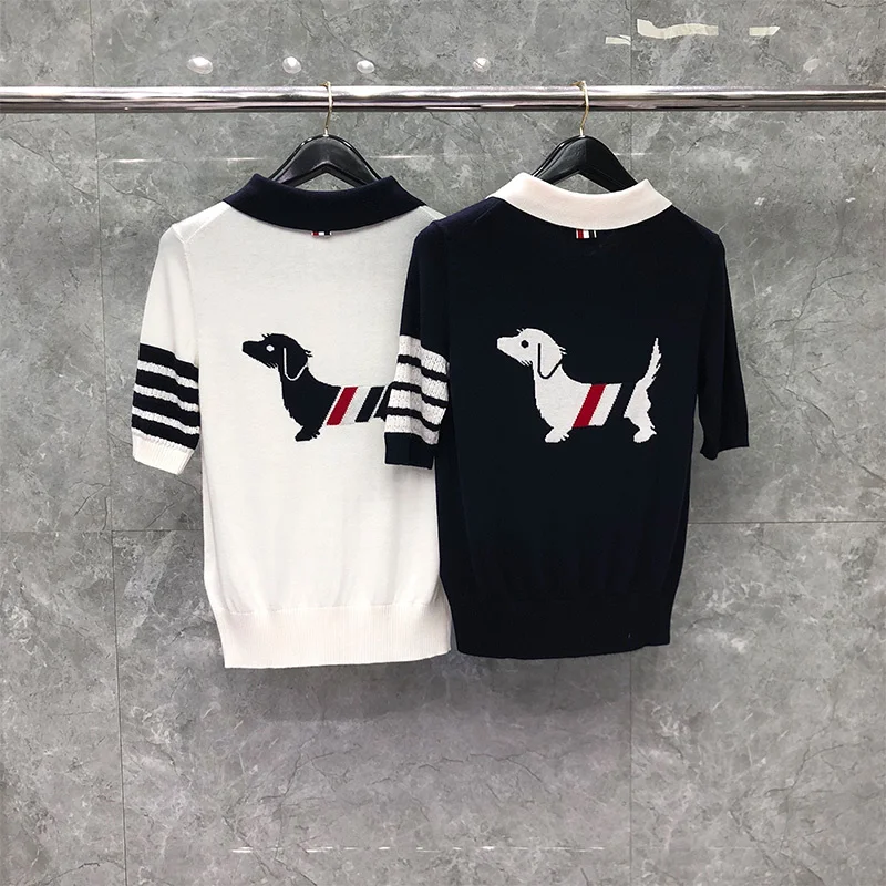 TB THOM T-Shirt Summer Lovers Fashion Brand Clothing Puppy Designs Engineered 4-Bar Stripe Knitted Lapel Short Sleeve Sweatshirt