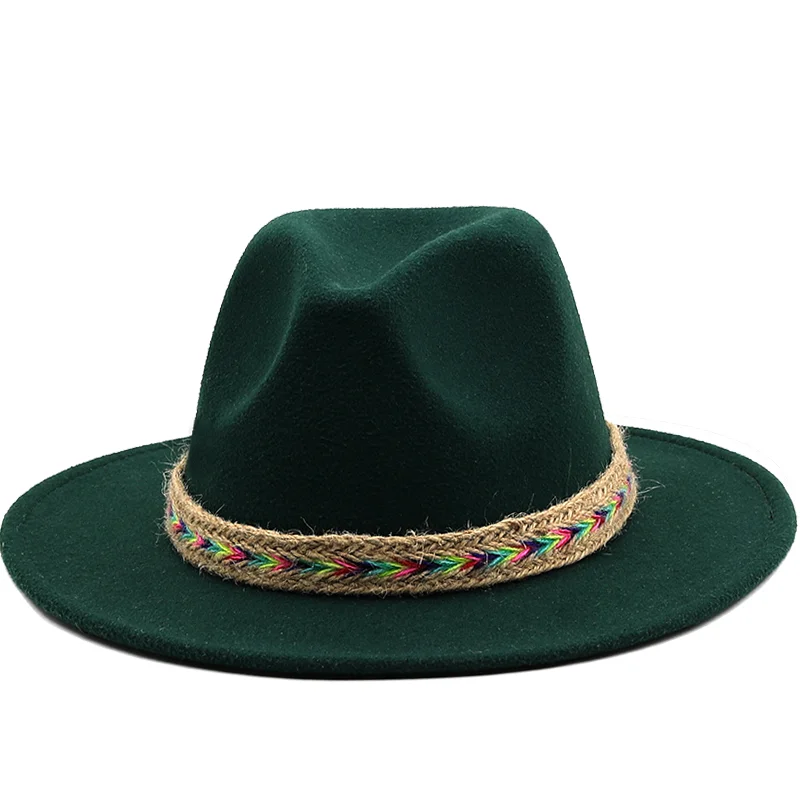 

Women Men Woolen Fedora Hat With Leather Ribbon Gentleman Elegant Lady Winter Autumn Wide Brim Jazz Church Panama Sombrero Cap