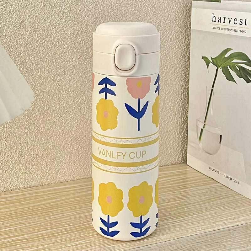 

420 Мл Термос Из Нержавеющей Стали С Милым Мультяшным Цветочным Дизайном, Соломенный Контейнер Для Молока, Кофе, Чая