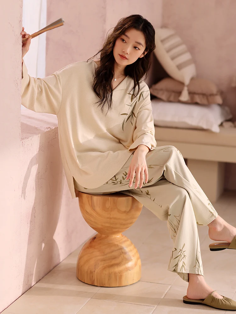 Женская пижама с нагрудником весенне-осенний хлопковый пуловер из модала