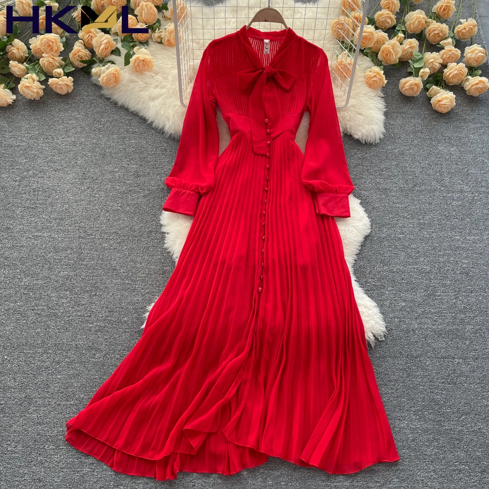 

Women Red Pleated Dress Long Sleeve Scarf Collar A-line Elastic Waist Casual Female Beach Party Midi Robe 2022