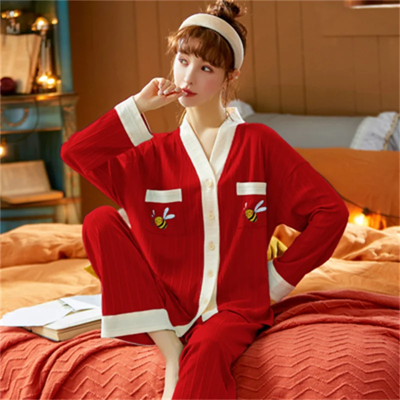 Sweet Pajamas Set Casual Cartoon Sleepwear For Women Elastic Pyjama Women's Autumn Fashion Homewear Clothes Big Size