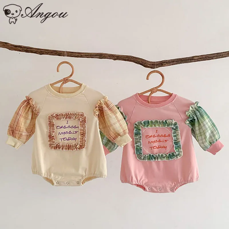 

2023 Infant Baby Girls Rompers Infant Toddler Baby Girls Long Sleeves Printed Letter Rompers Girls Autumn Patchwork Clothes