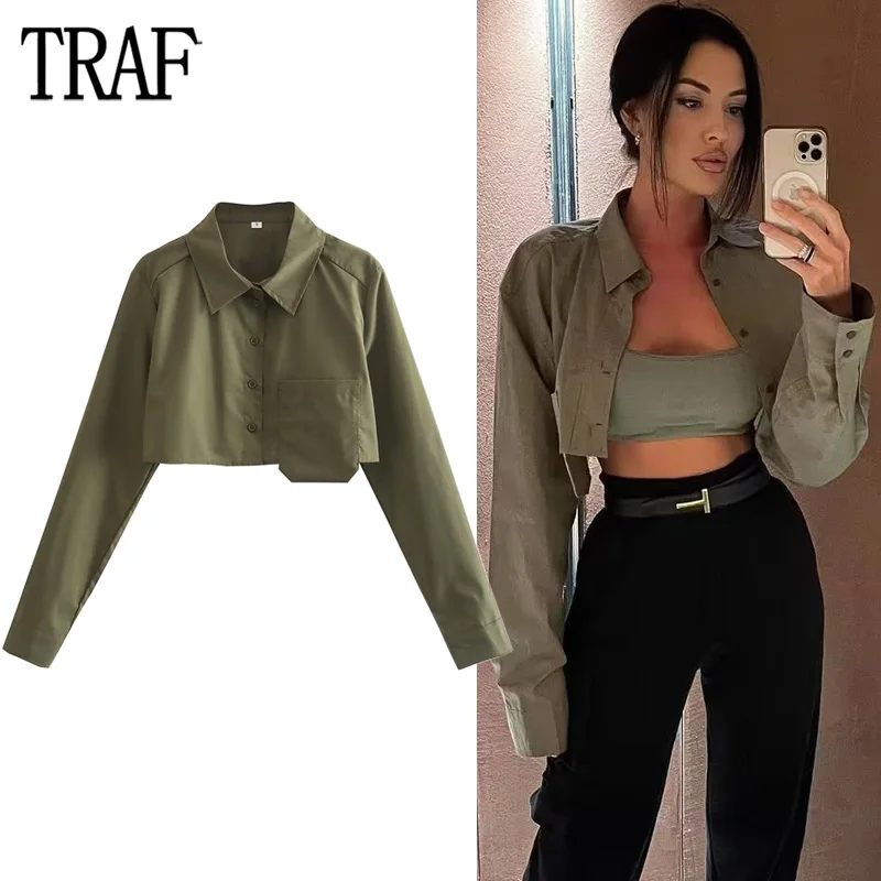 

Женский укороченный топ с карманами и длинным рукавом, на пуговицах