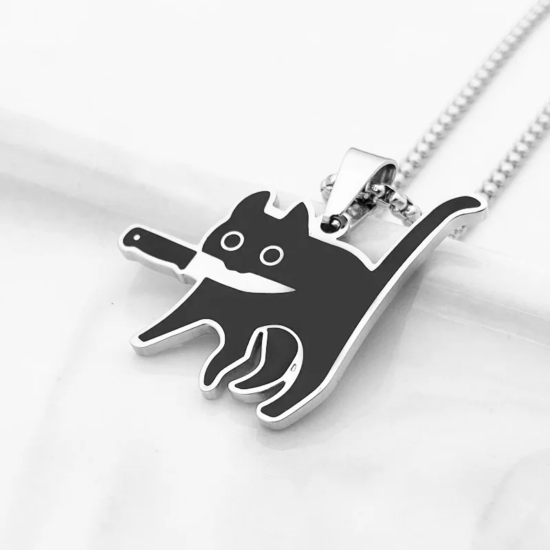 Hip Hop Titanium Steel Killer Cat Necklace For Women Men Cute Punk Retro Doodle Black Cat Pendant Chain New Jewelry Gift