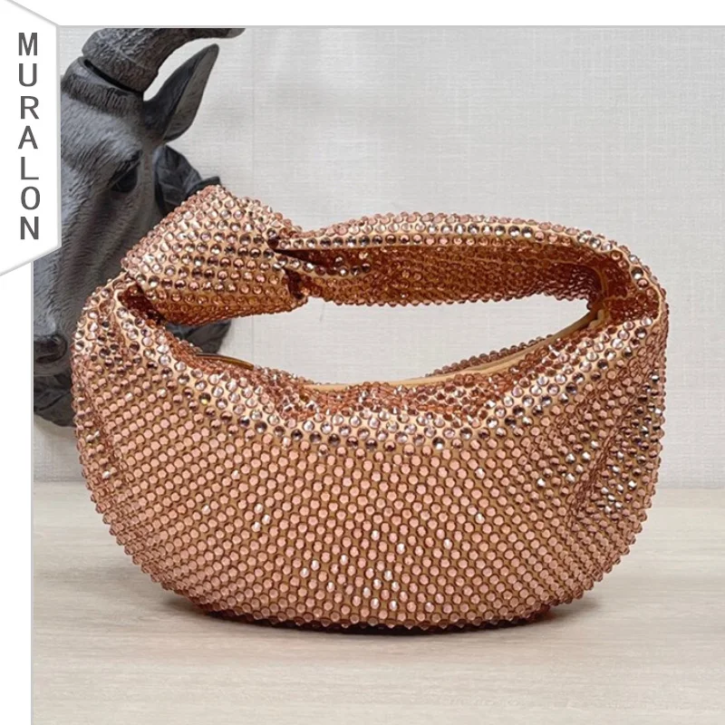 New Knotted Handbag Luxury Design Quality Genuine Leather Diamond Small Hand Bag Fashion Half Moon Temperament Ladies Party Bag