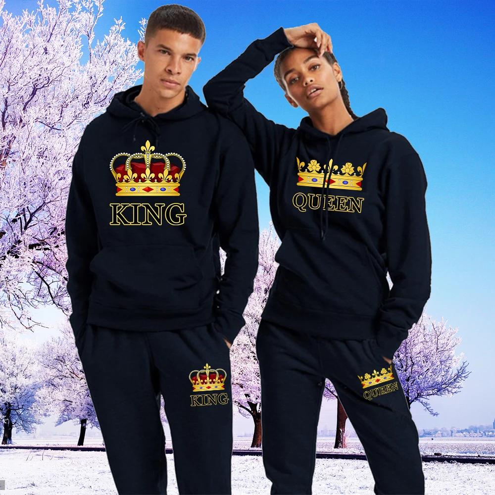 2022 Fashion Lover Couple Sportwear Set Crown KING QUEEN Print Hooded Clothes 2PCS Set Hoodie and Pants Plus Size Hoodies Women