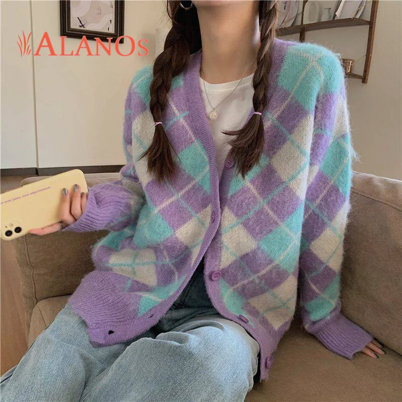 

ALANOS Knitted Cardigans Sweater Fashion Colorful Long Sleeve Loose Coat Casual Button V Neck Rhombus Tops 2022 Women's Clothing